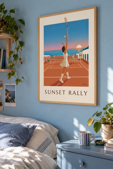 Affiche court de tennis et parasols au coucher du soleil : encadrée au mur