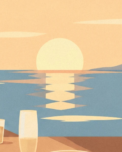 The yellow sun and its reflections on the blue water, behind the glasses on the table