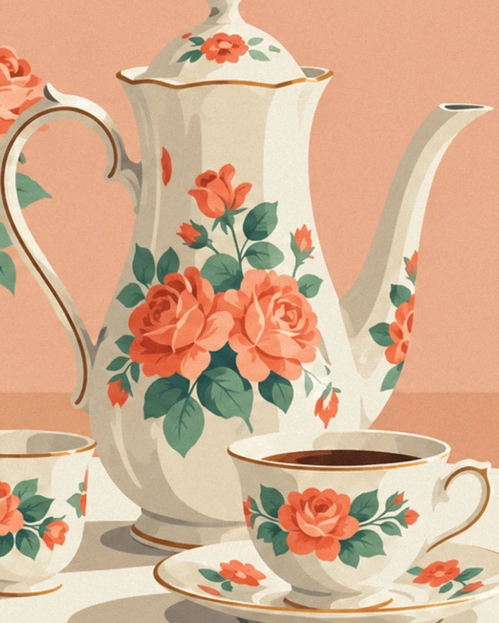 The porcelain teapot and cup with orange roses and gold rims