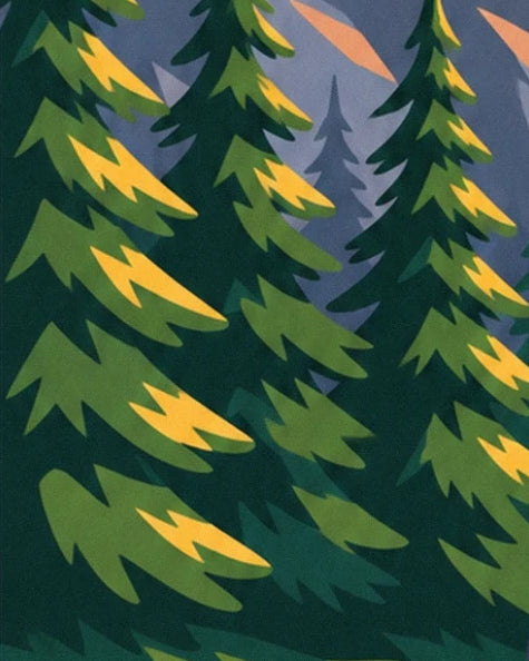The fir trees with green and golden branches in front of the grey mountain faces