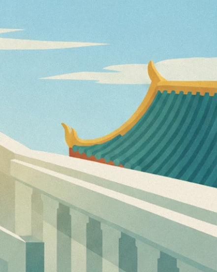 Le toit de temple en tuiles vertes aux pointes dorées, derrière une balustrade blanche