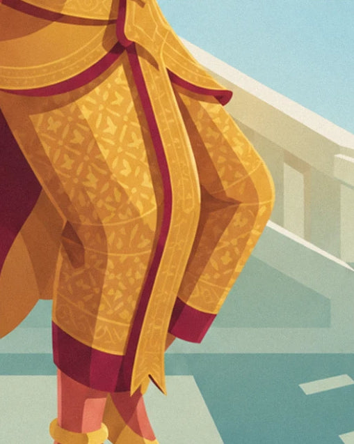Le pantalon brodé d'or aux motifs fins, bordé de rouge bordeaux, devant l'escalier blanc