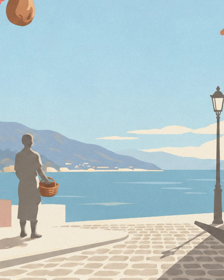 Le client au panier d'osier face à la mer, près du réverbère du quai