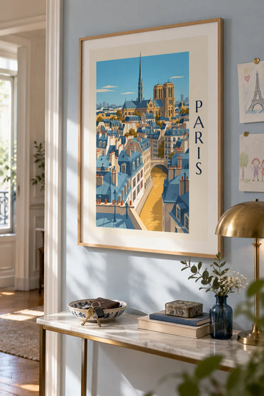 Affiche toits haussmanniens de Paris et cathédrale Notre-Dame : encadrée au mur