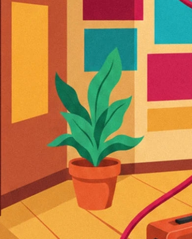 La plante aux feuilles vertes dans son pot orange, devant les rectangles colorés du mur