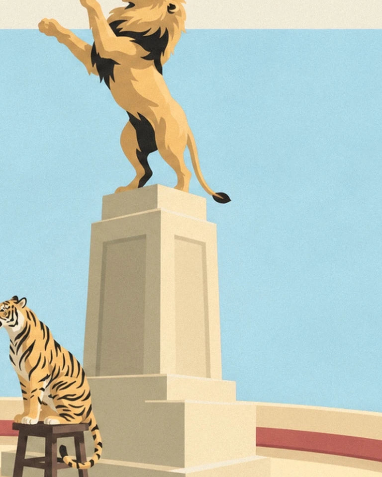 Lion tamer with lion and tiger in the circus ring poster: close-up detail