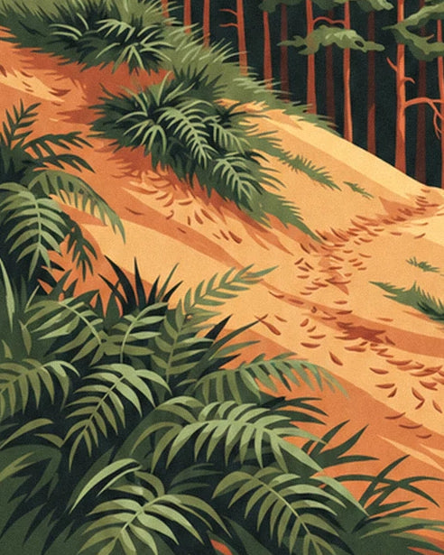 Green ferns beside the sandy path, in front of the pine trunks