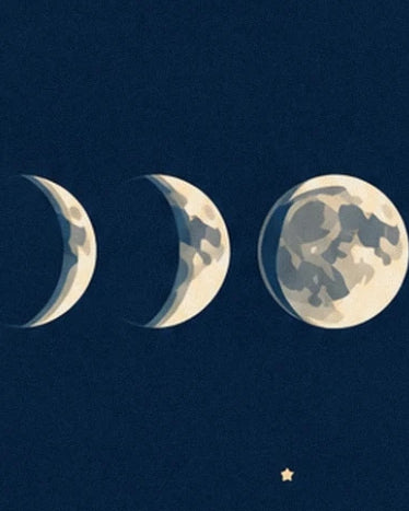 The 3 lunar phases lit on the right, in cream and grey against a midnight blue background