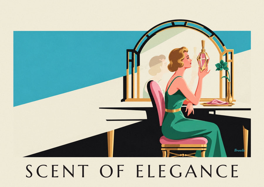 Elegant woman with perfume bottle at vanity poster