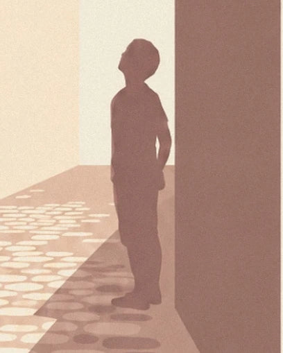 A figure in profile in the shade, at the edge of the cobbled alley