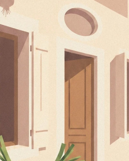 The grocer's brown door, between pale shutters and beneath a round opening