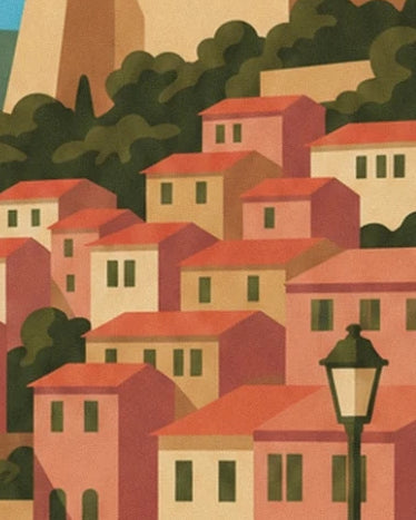 The ochre and pink façades with green shutters, red roofs and street lamp of Villefranche-sur-Mer