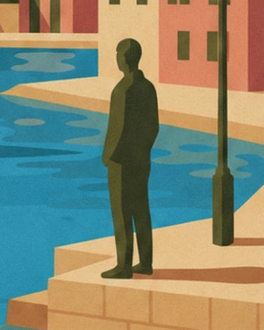 A man in silhouette on the quay steps, near a dark street lamp