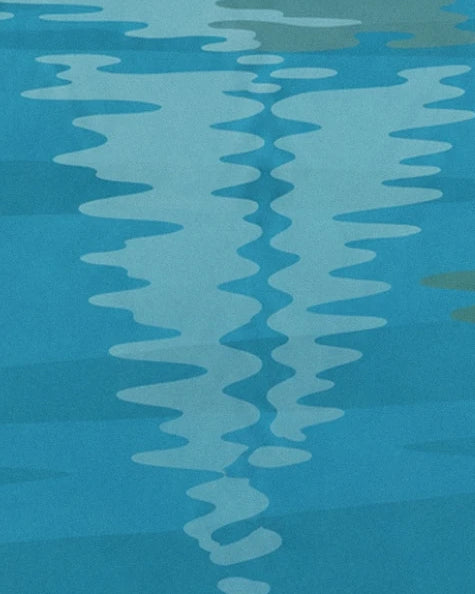 The pale reflections of the sails in long ripples on the turquoise water