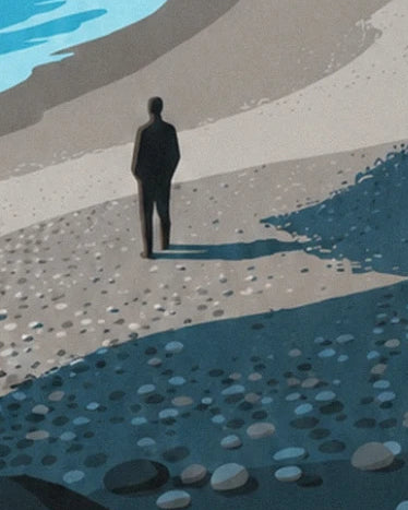 A dark figure on the pebble beach, with a long shadow stretching to the right