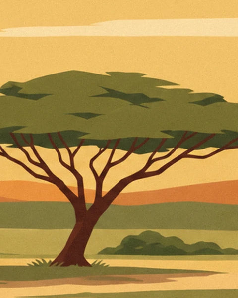 L'acacia à la cime plate et aux branches brunes, au milieu de la savane dorée