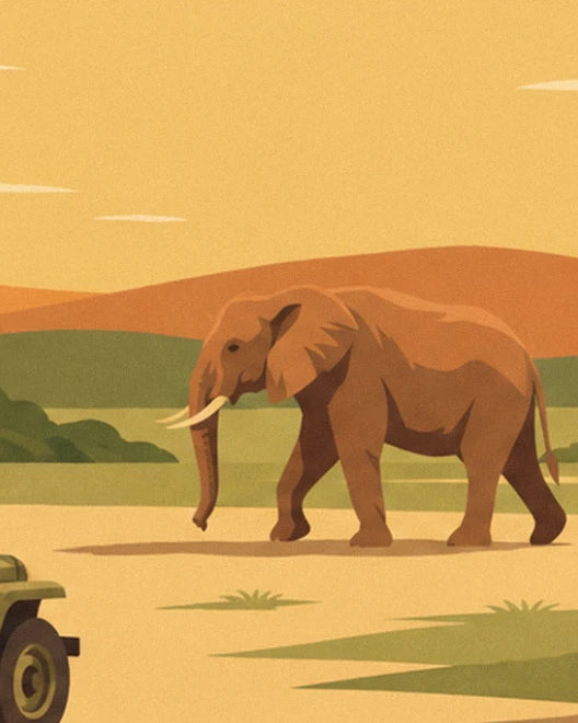 L'éléphant aux défenses d'ivoire qui avance d'un pas tranquille devant les collines ocre