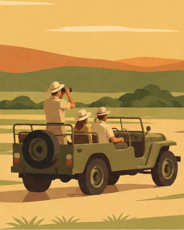 Les 3 safaris en chapeau blanc dans leur jeep kaki, jumelles levées sur la savane