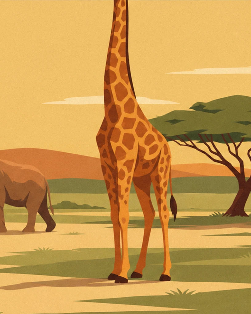 La girafe aux taches orangées qui se dresse devant l'acacia, 1 éléphant en retrait