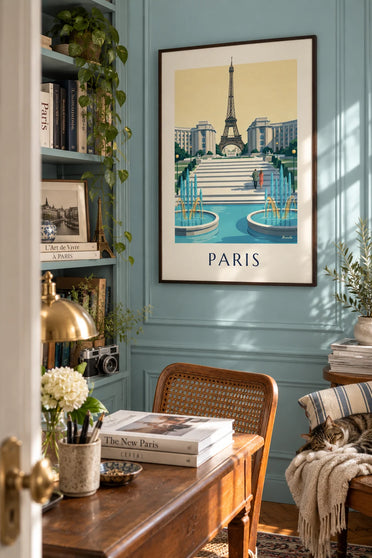Affiche palais de Chaillot et fontaines du Trocadéro à Paris : encadrée au mur