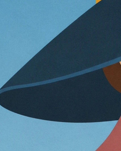 The wide midnight blue hat with a blue ribbon against a light blue background