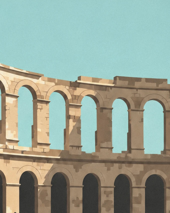 The 5 stone arches of the Roman arena, against the turquoise sky