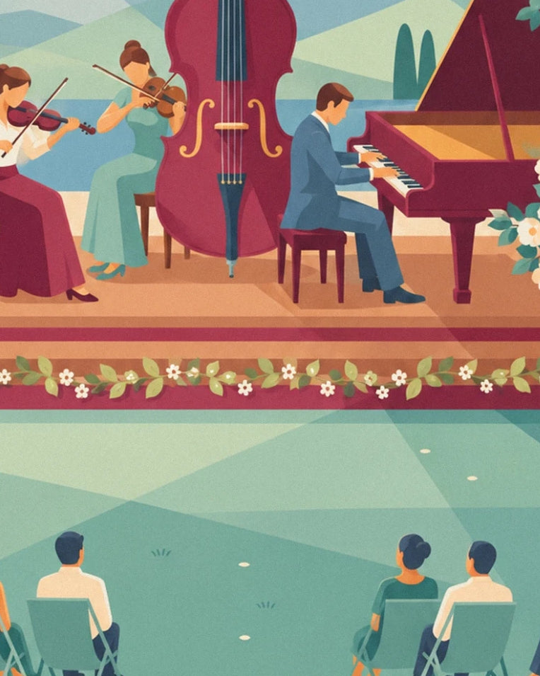 Affiche trio de musique classique en concert d'été en plein air : détail en gros plan
