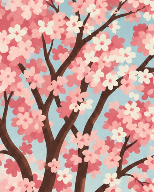The brown branches of the Japanese cherry tree covered in pink and cream blossom