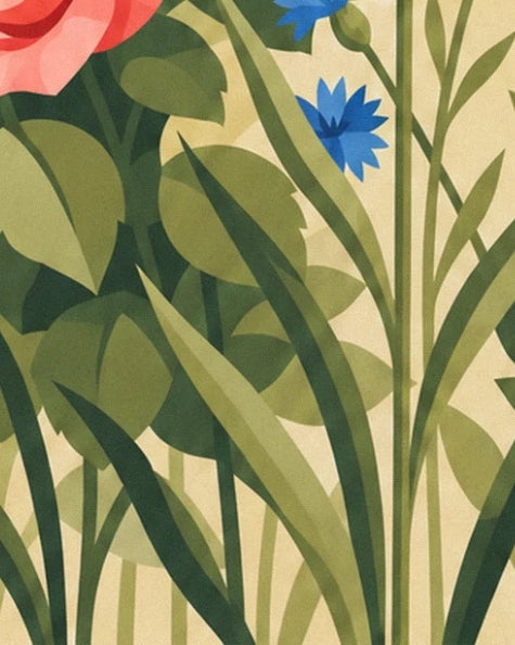 A blue cornflower among tall stems and olive green leaves, against a cream background