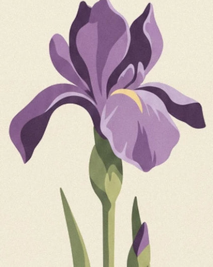 A purple iris with unfurled petals and yellow touches, on its green stem