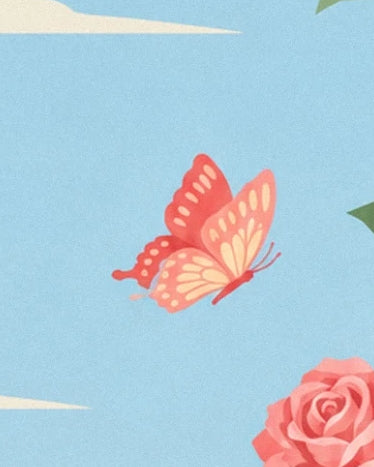 A coral pink butterfly with pale yellow wings beside a rose against a sky blue background