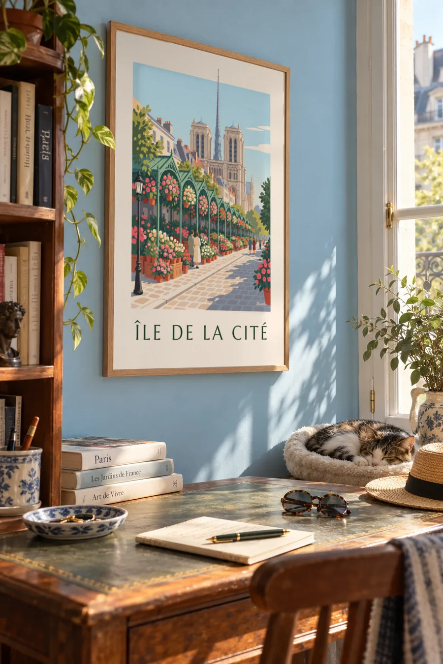 Poster of the Île de la Cité flower market and Notre-Dame: framed on the wall