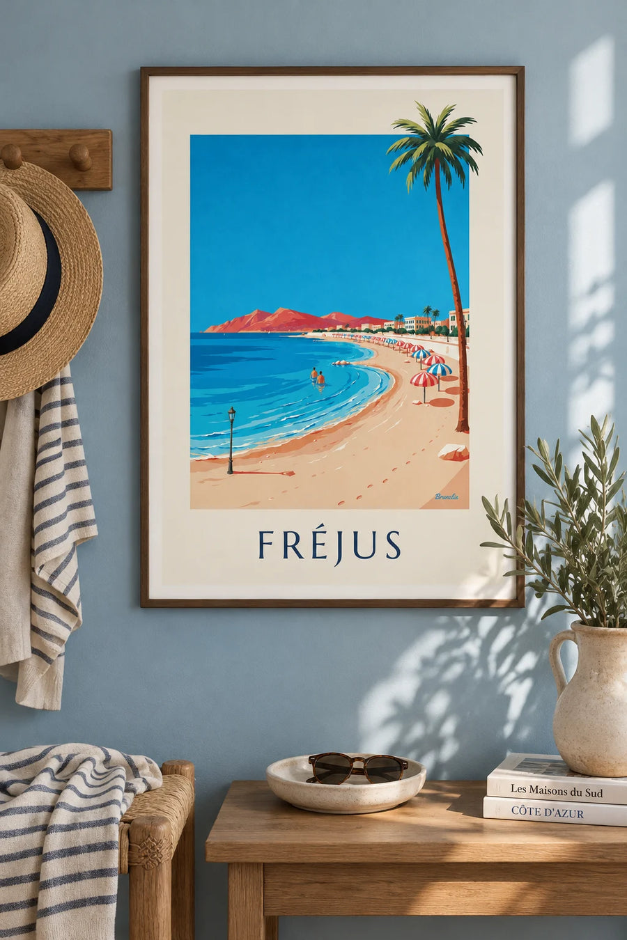Poster of palm trees and beach umbrellas by the sea in Fréjus: framed on the wall