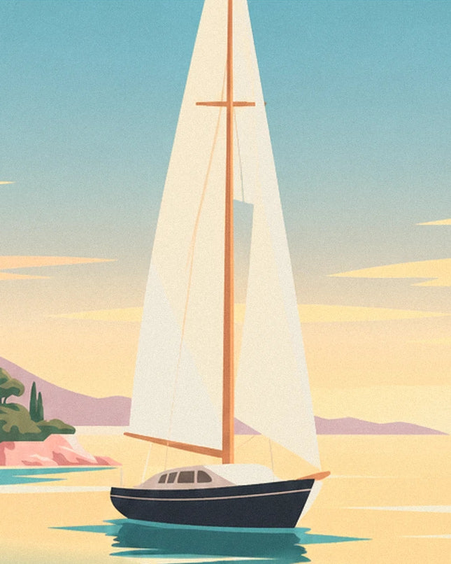 The sailing boat with a dark hull and large cream sails on the golden bay