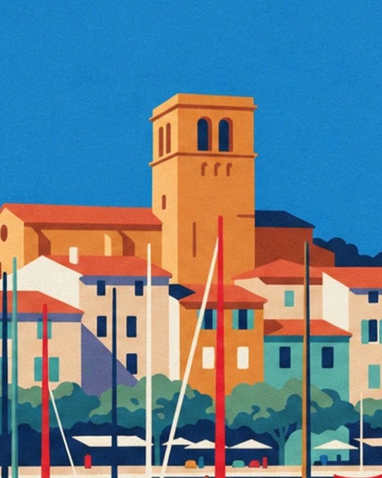 The ochre bell tower above the orange roofs, behind the boat masts