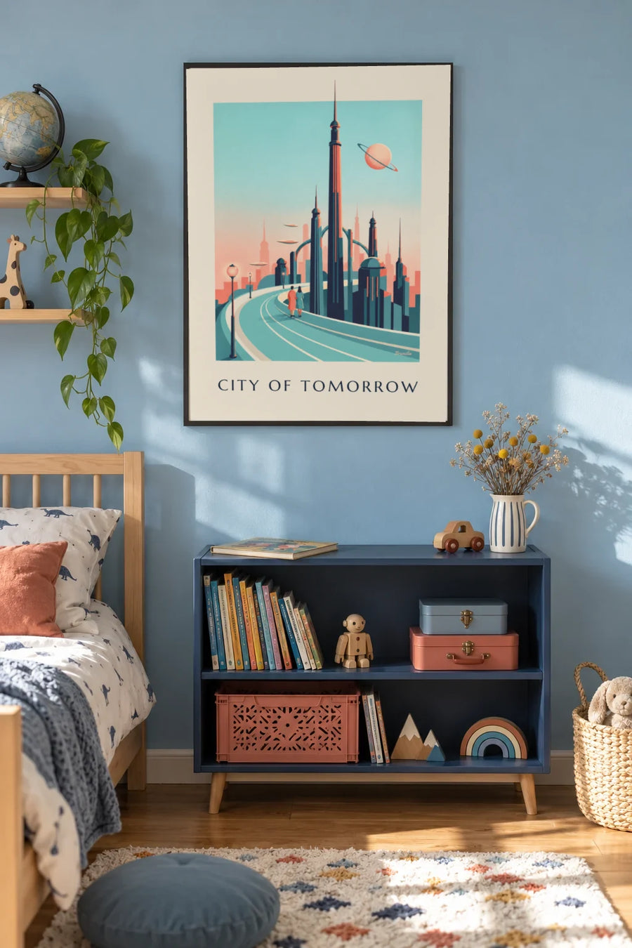 Poster of a futuristic sci-fi metropolis and ringed planet: framed on the wall