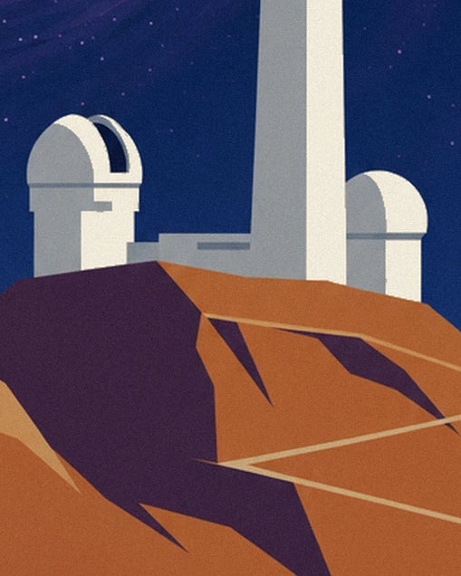 The white domes and tall tower of the observatory on ochre rocks