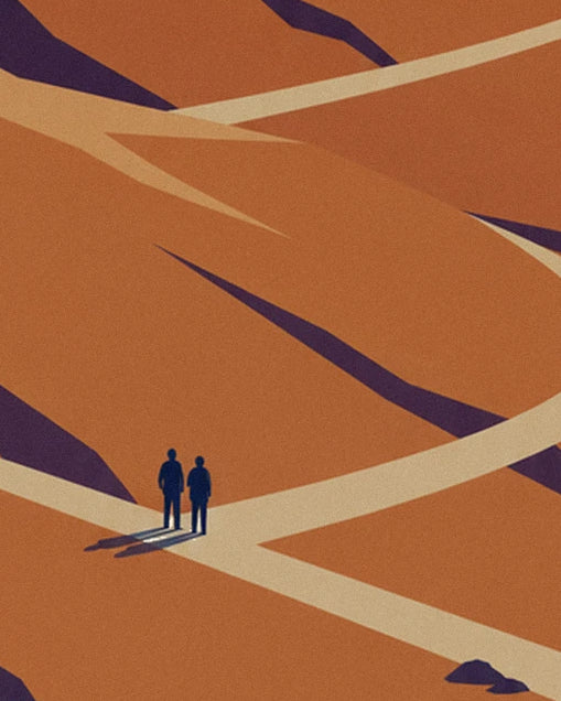 The 2 figures on a pale path between orange desert ridges