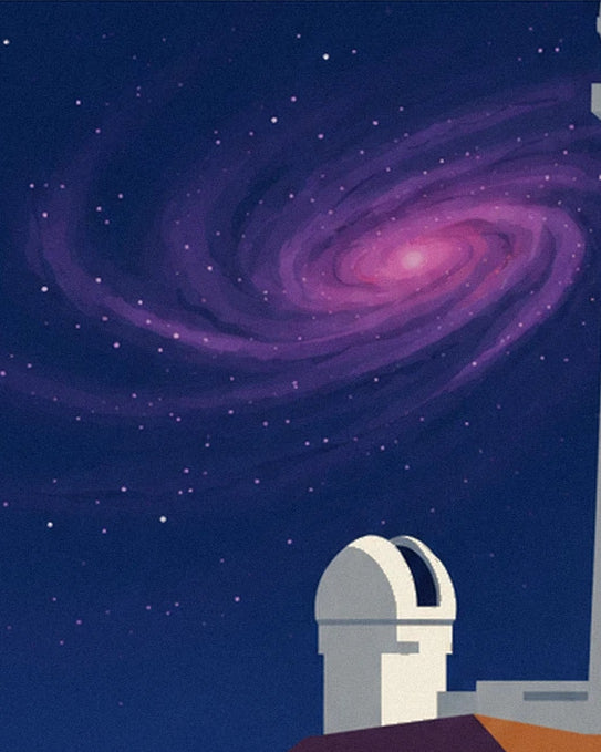 The pink spiral galaxy in the starry sky above a white dome