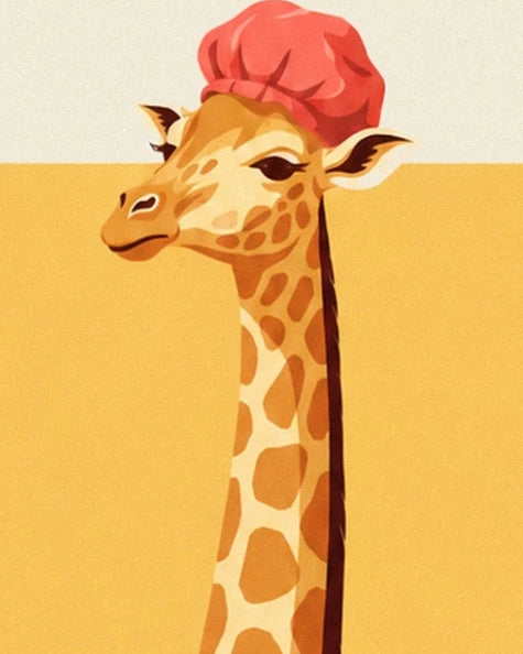 The giraffe with its long spotted neck, wearing a pink bathing cap