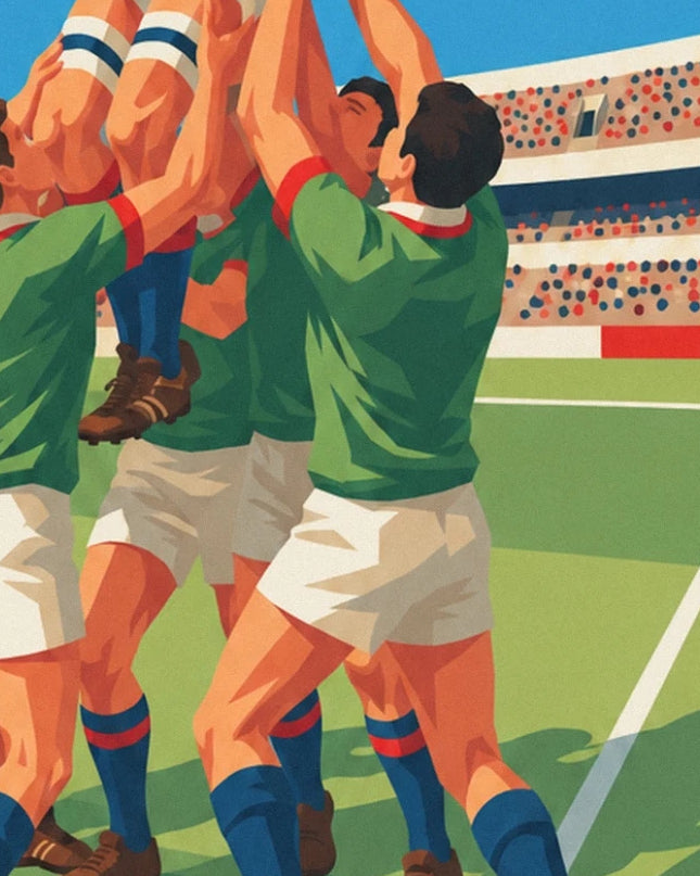 The teammates in green jerseys lifting their jumper, with the stands in the background