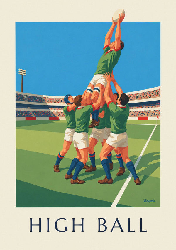 Affiche rugbyman en saut en touche attrapant le ballon