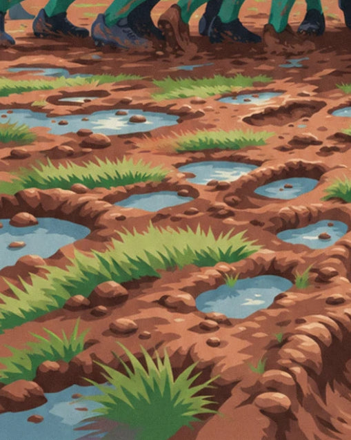 Muddy pitch dotted with blue puddles and tufts of green grass