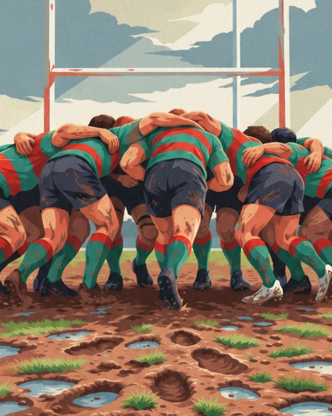 A scrum of players in green and red jerseys, boots in the mud, beneath the posts