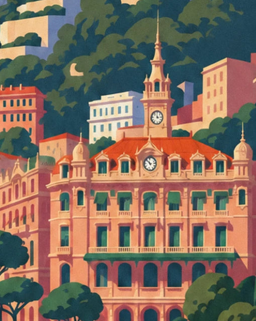 A large pink building with an orange roof and a clock, surrounded by pines and hills