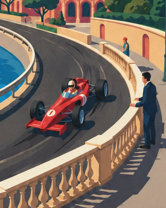 Red single-seater racing car no. 1 on the bend, with a man in a blue suit on the balustrade