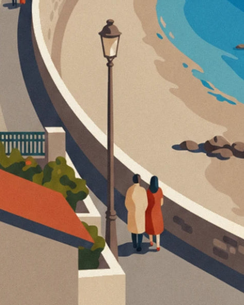 The couple in a beige coat and a red dress walking along the low wall, beneath a street lamp