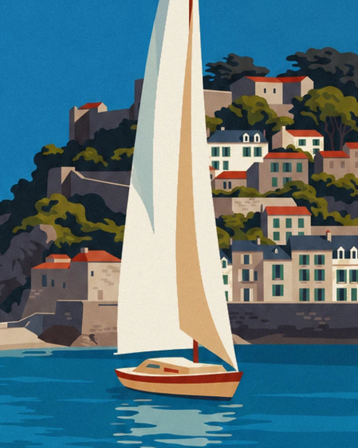 The boat with a white sail in front of the hillside villas with green shutters and red roofs