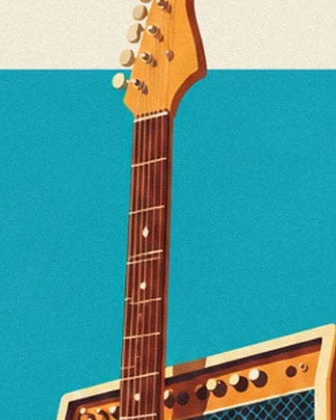 The guitar neck with a golden headstock in front of an ochre amp and a turquoise wall