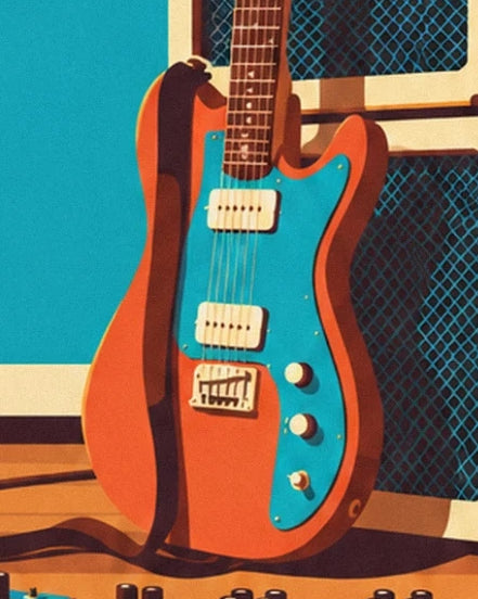 The orange guitar with a turquoise scratchplate, two cream pickups and a dark strap